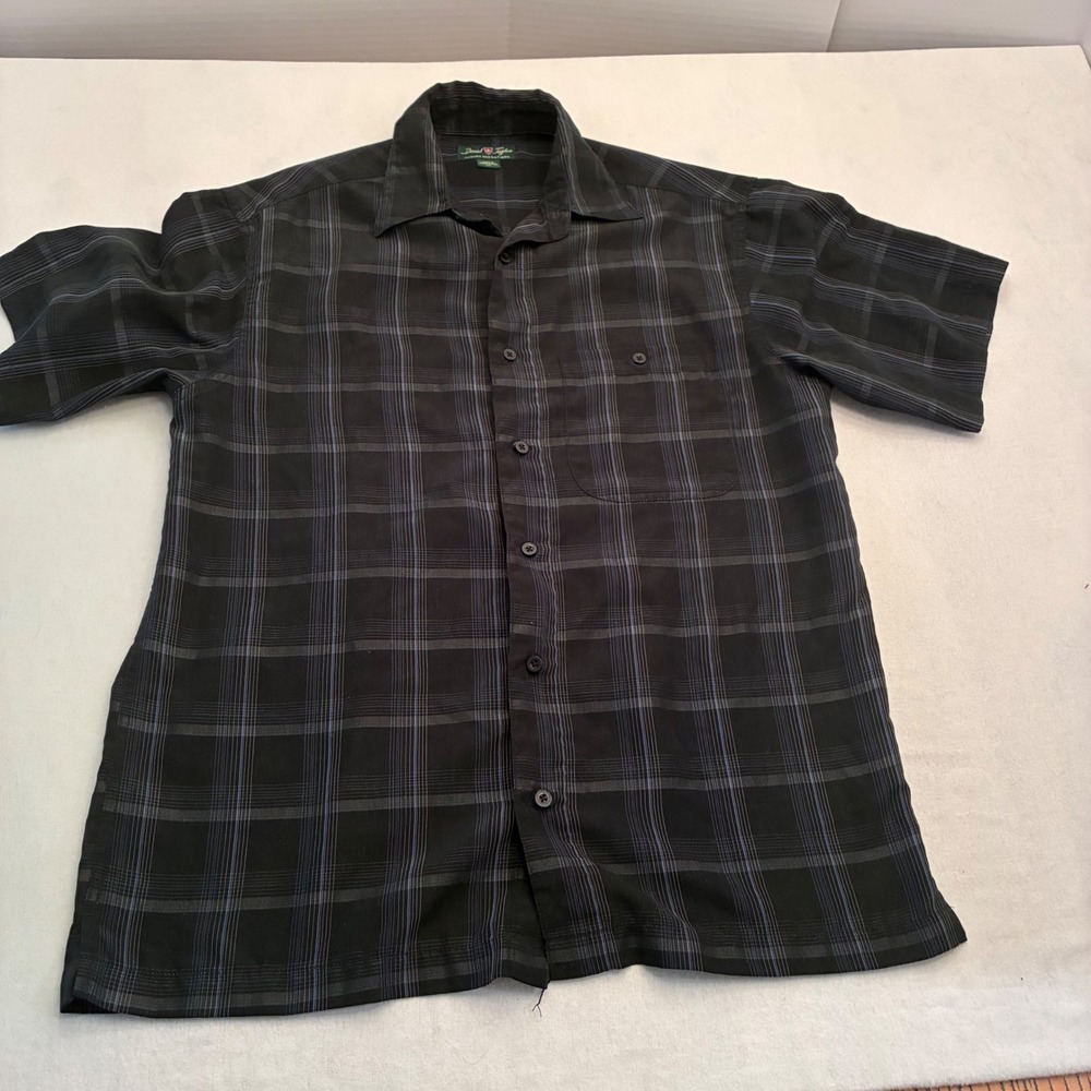 David Taylor Mens Small Black Blue Plaid Luxury Microfiber Short Sleeve Shirt